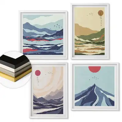 Set de 4 tablouri înrămate cu peisaje montane în culori pastelate