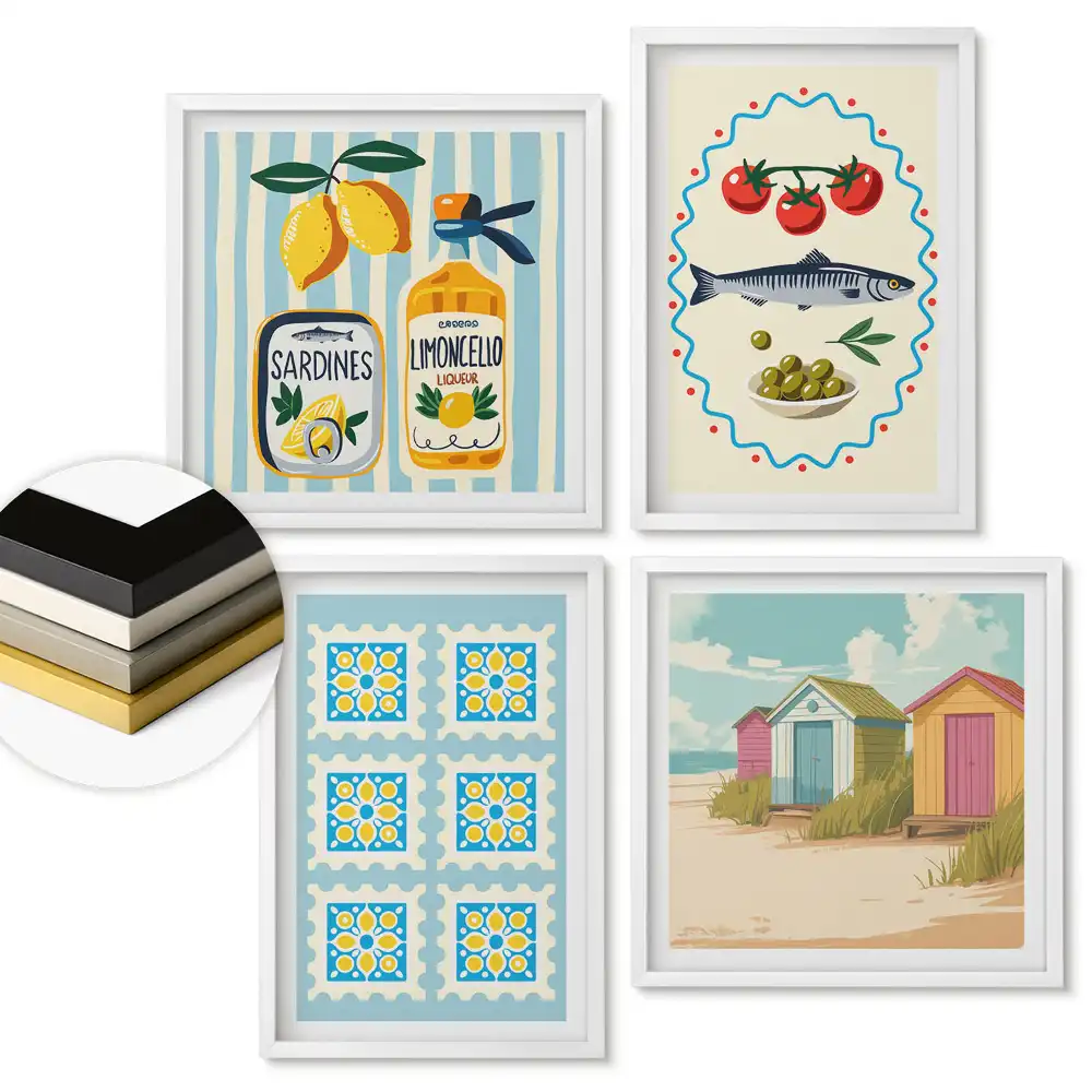 Set de tablouri înrămate cu grafică colorată tematică litorală și culinară