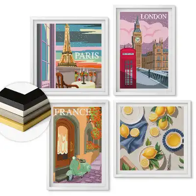 Set 4 tablouri înrămate Peisaje din Europa: Paris, Londra și Franța