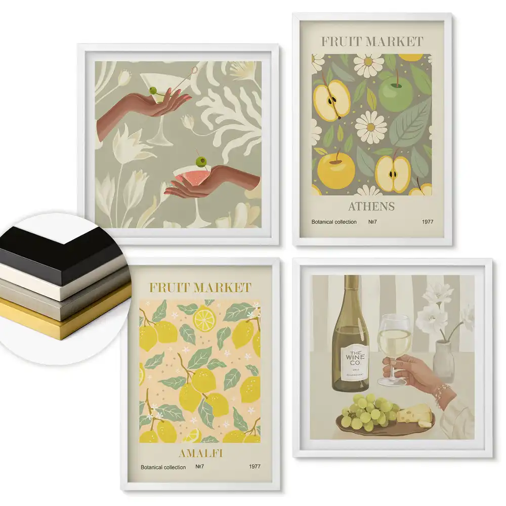 Set 4 tablouri înrămate cu motive botanice Piață de fructe