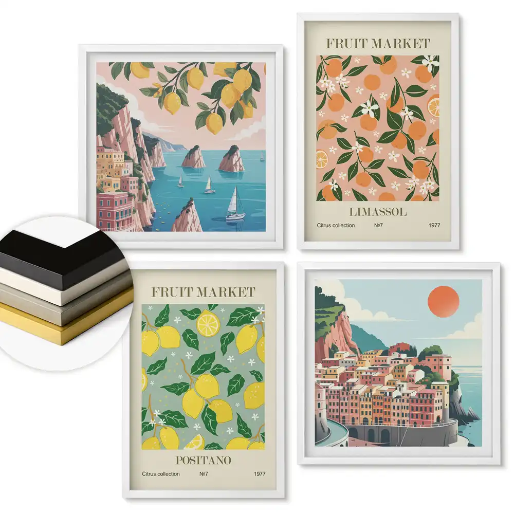 Set de 4 tablouri înrămate cu fructe colorate și peisaje pitorești