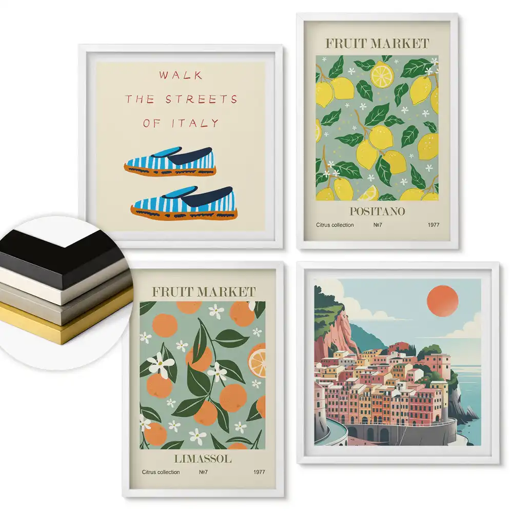 Set de 4 tablouri înrămate Piața de fructe și inspirații italiene