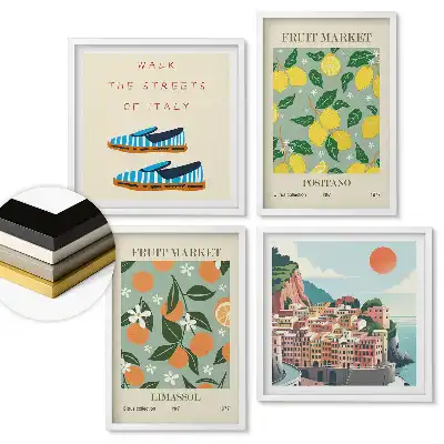 Set 4 tablouri înrămate Piața de fructe și inspirațiile italiene