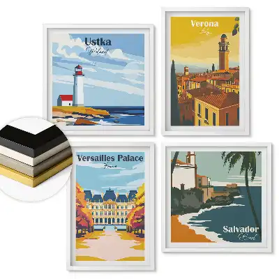 Set de 4 tablouri înrămate Călătorii în Europa și America de Sud