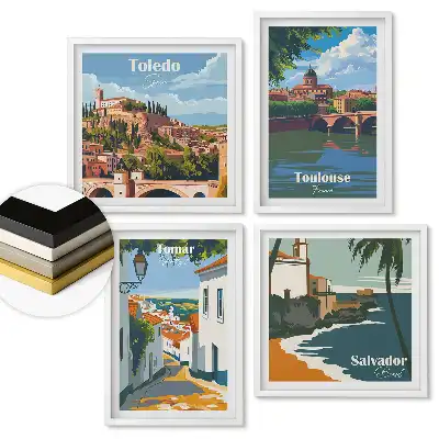Set 4 tablouri înrămate Peisaje urbane din diferite țări