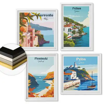 Set 4 tablouri înrămate Locuri pitorești din Europa în ilustrații