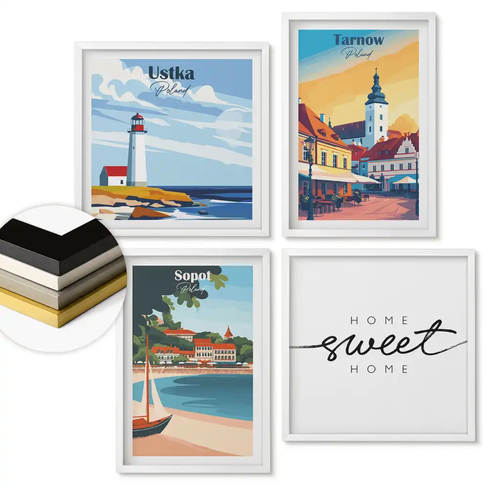 Set 4 tablouri înrămate Orașe poloneze în stil retro