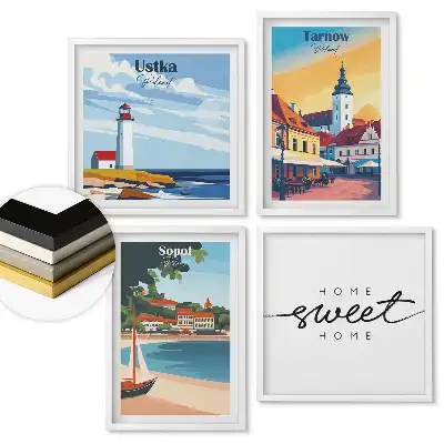 Set 4 tablouri înrămate Orașe poloneze în stil retro