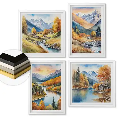Set de tablouri înrămate cu peisaje montane și acvatice de toamnă