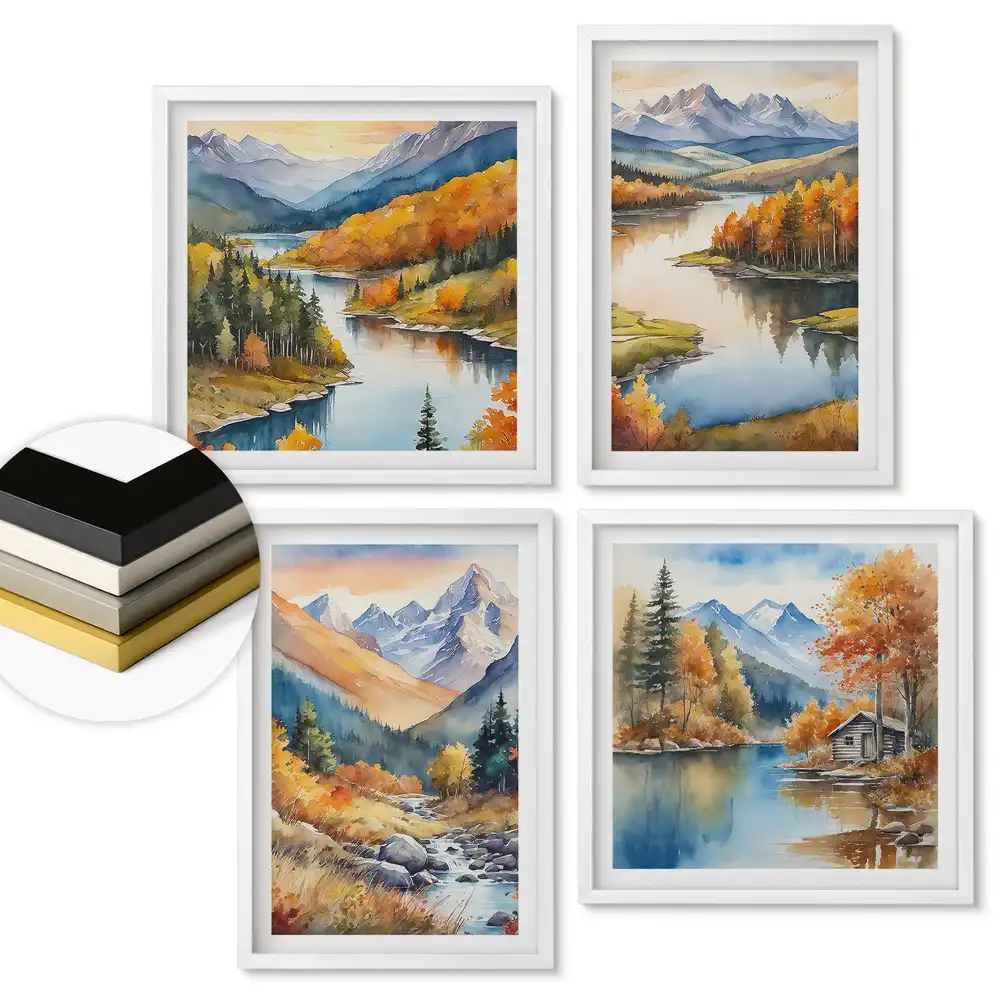Set 4 tablouri înrămate Peisaje montane și acvatice de toamnă