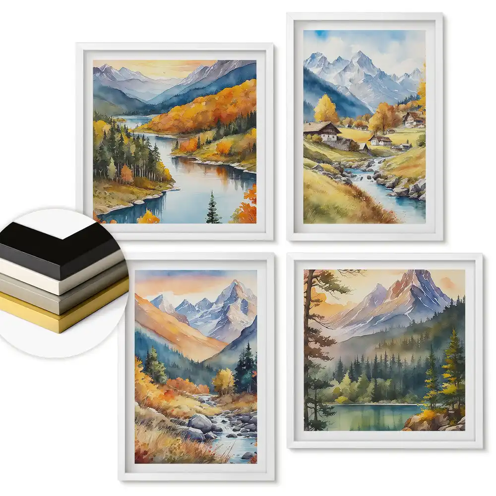 Set de tablouri înrămate cu peisaje montane și râuri