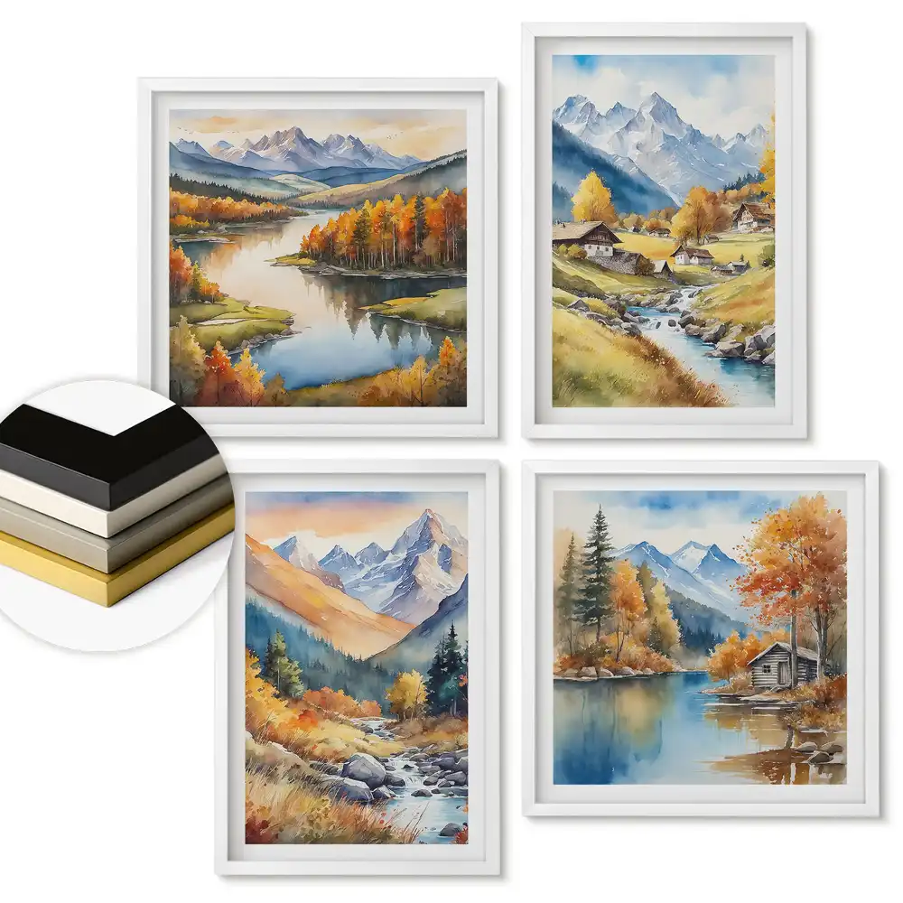 Set de 4 tablouri înrămate cu peisaje montane de toamnă în acuarelă