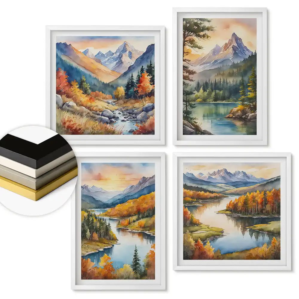 Set 4 tablouri înrămate cu peisaje montane și acvatice de toamnă
