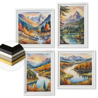 Set 4 tablouri înrămate Peisaje montane și acvatice de toamnă