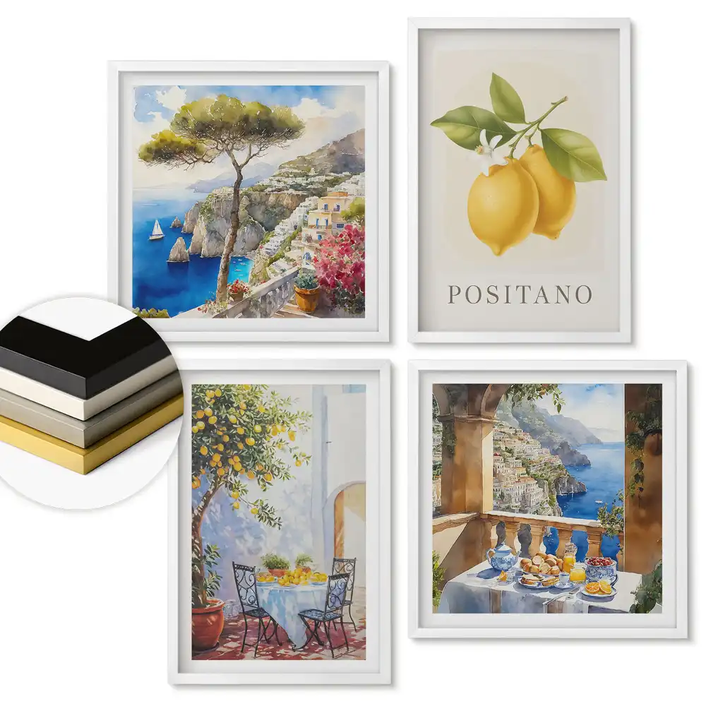 Set de 4 tablouri înrămate cu peisaje italiene și accente de lămâie