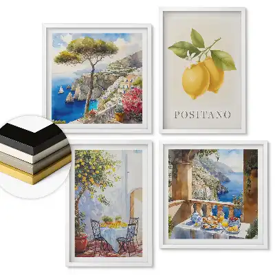 Set 4 tablouri înrămate Peisaje italiene și accente de lămâie