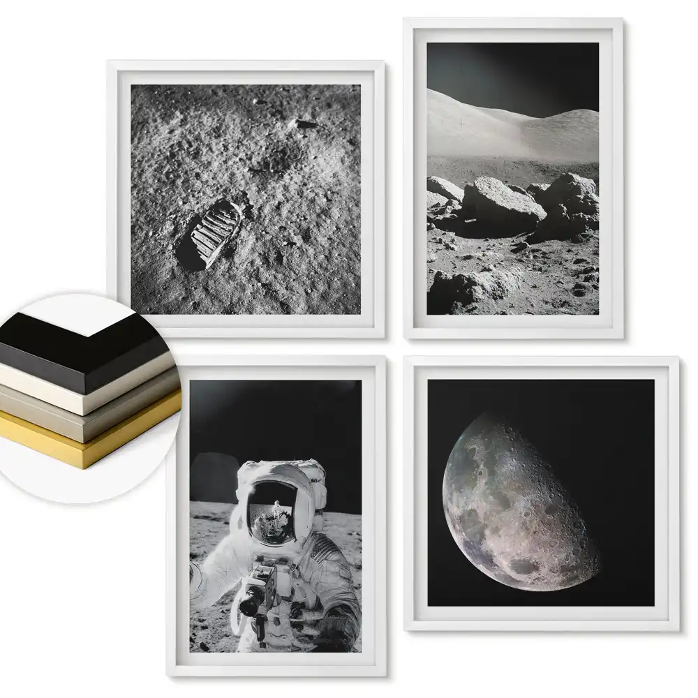 Set 4 tablouri înrămate Călătorii în spațiu: Luna și astronauții