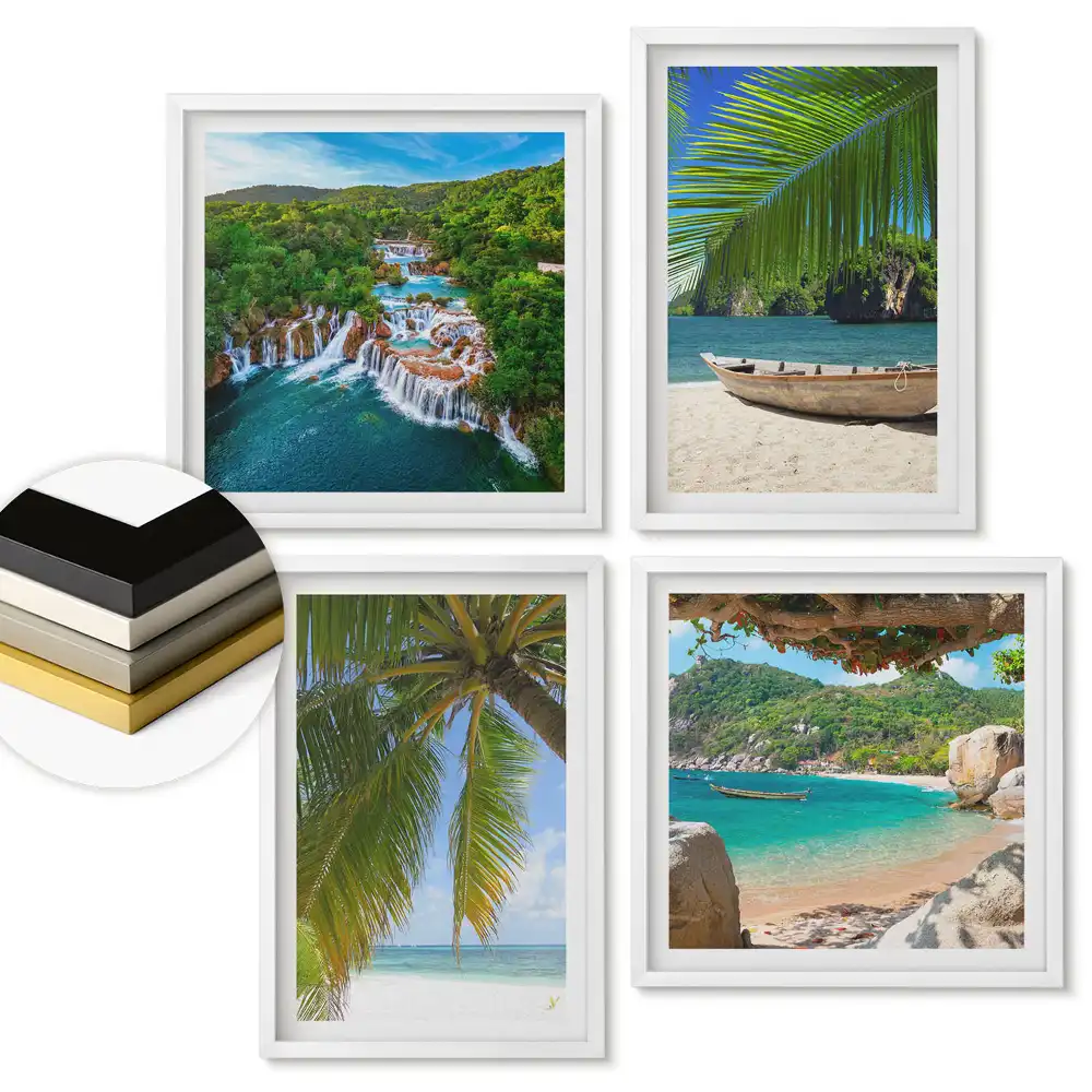 Set de 4 tablouri înrămate cu peisaje tropicale liniștite