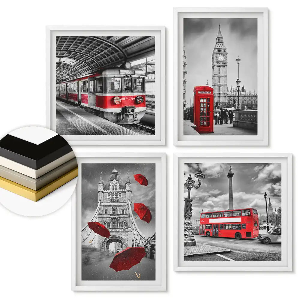 Set 4 tablouri înrămate Londra roșie într-un decor monocromatic