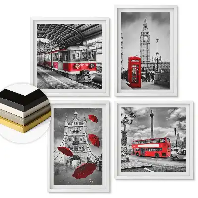 Set 4 tablouri înrămate Londra roșie într-un decor monocromatic