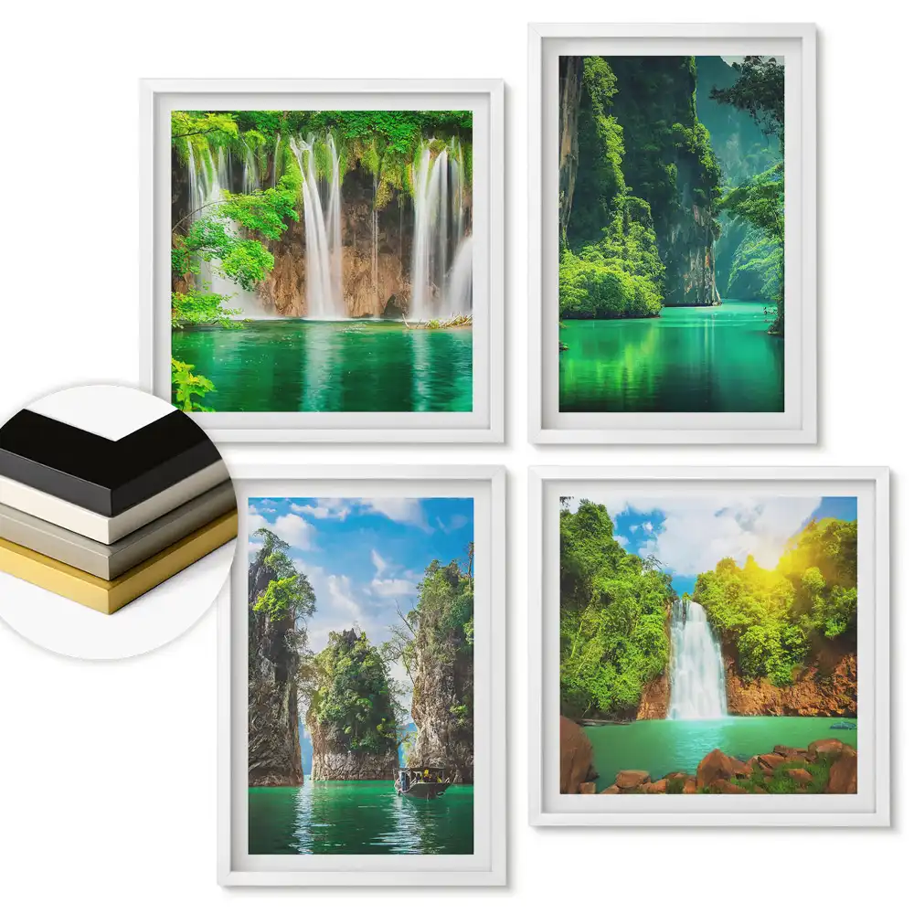 Set de 4 tablouri înrămate Cascade printre peisaje verzi