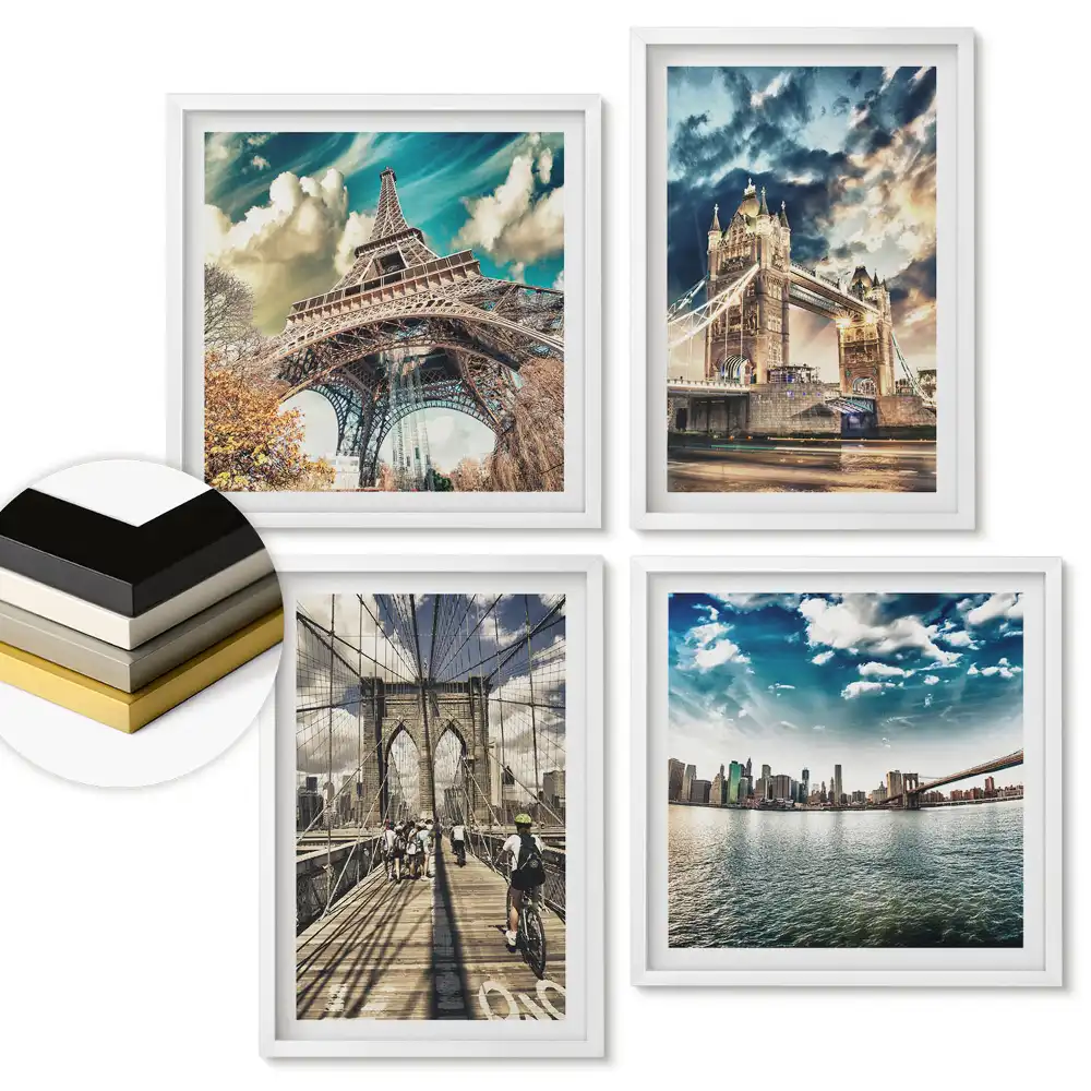 Set de 4 tablouri înrămate Orașe emblematice New York Londra Paris