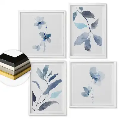 Set de 4 tablouri înrămate cu acuarele florale în nuanțe de albastru