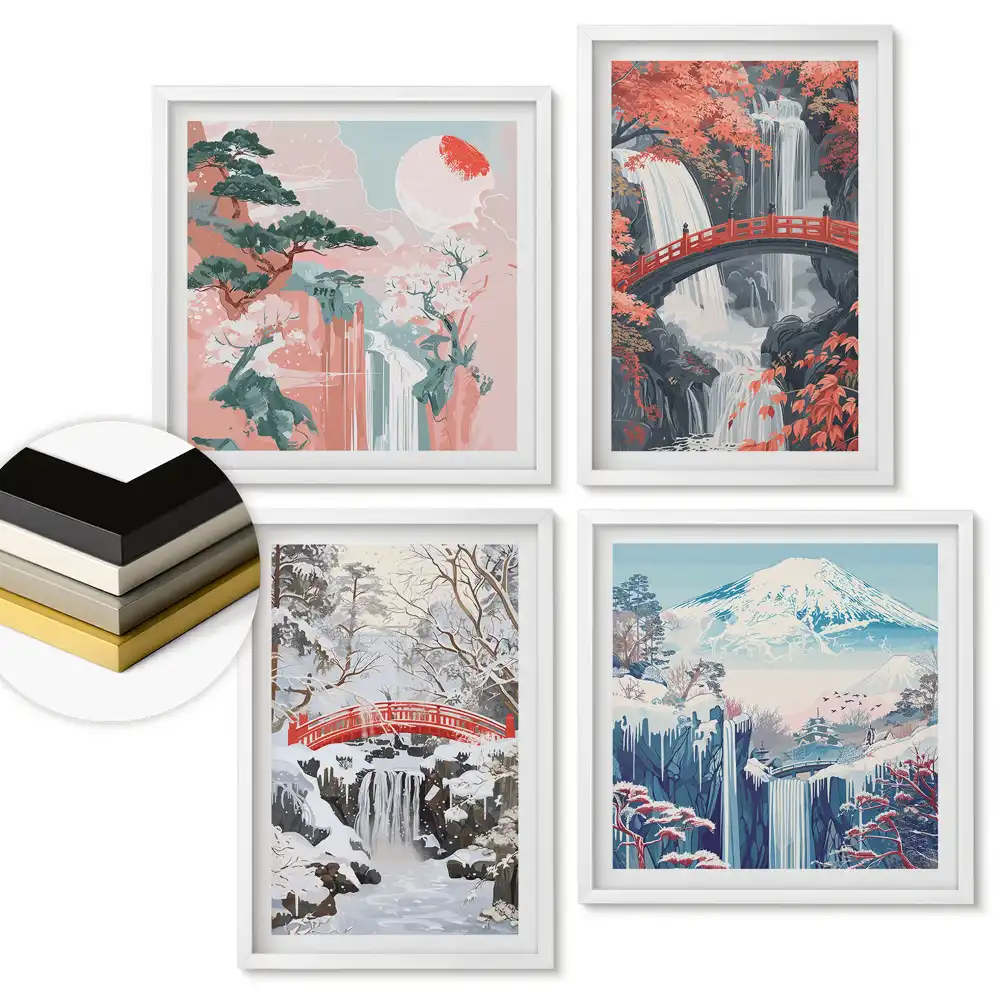 Set de 4 tablouri înrămate cu peisaje din Japonia în diferite anotimpuri