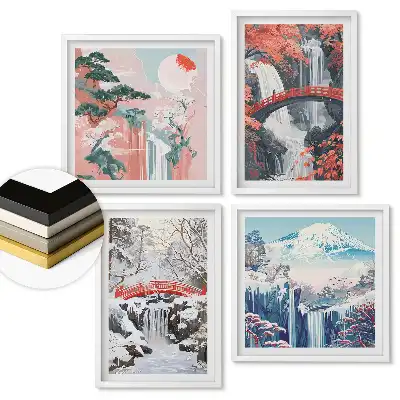 Set 4 tablouri înrămate Peisaje din Japonia în diferite perioade ale anului
