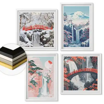 Set 4 tablouri înrămate cu cascade și poduri într-un peisaj pitoresc