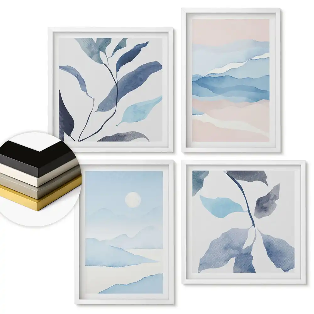 Set de 4 tablouri înrămate Acuarele delicate în nuanțe de albastru