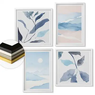 Set de 4 tablouri înrămate Acuarele delicate în nuanțe de albastru