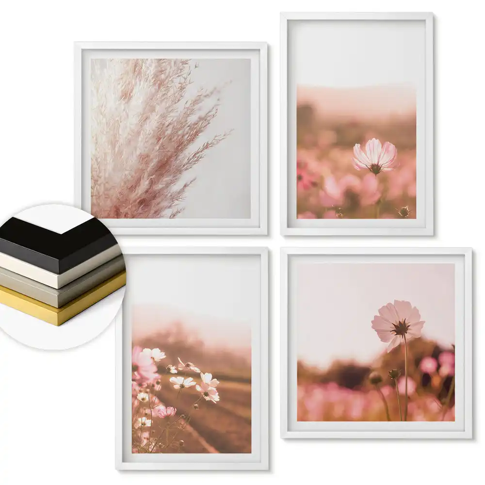 Set 4 tablouri înrămate Peisaje florale în nuanțe delicate
