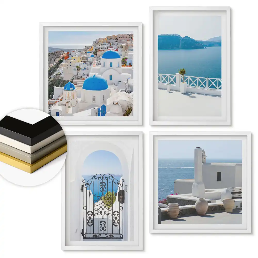 Set 4 tablouri înrămate Peisaje din Santorini cu ramă albă