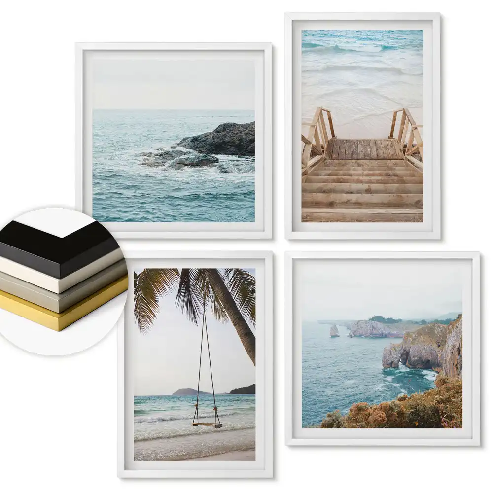 Set de 4 tablouri înrămate Peisaje de coastă în tonuri calme