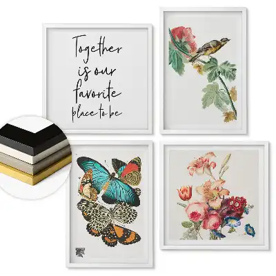 Set 4 tablouri înrămate Fluturi și flori colorați în artă