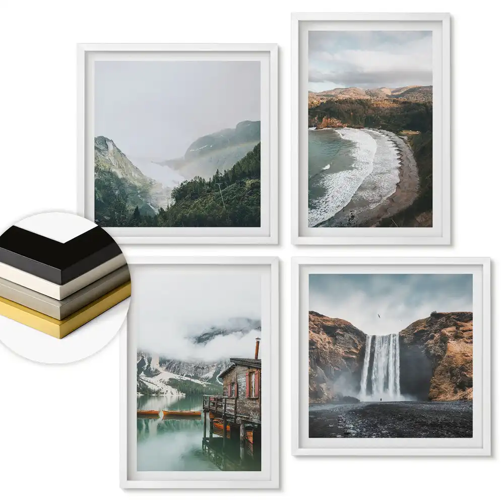 Set de 4 tablouri înrămate cu peisaje pitorești din natură și apă