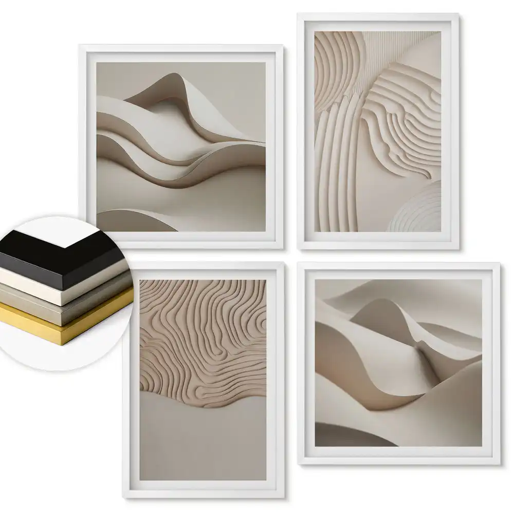 Set de 4 tablouri înrămate cu forme abstracte în nuanțe de bej