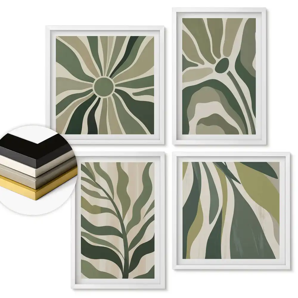 Set 4 tablouri înrămate Abstracțiuni ale plantelor verzi în armonie