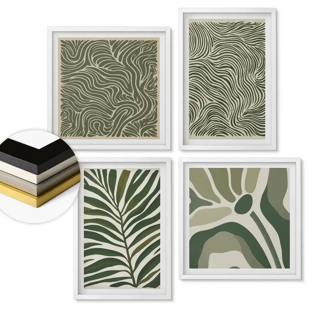Set de 4 tablouri înrămate cu forme și modele abstracte verzi
