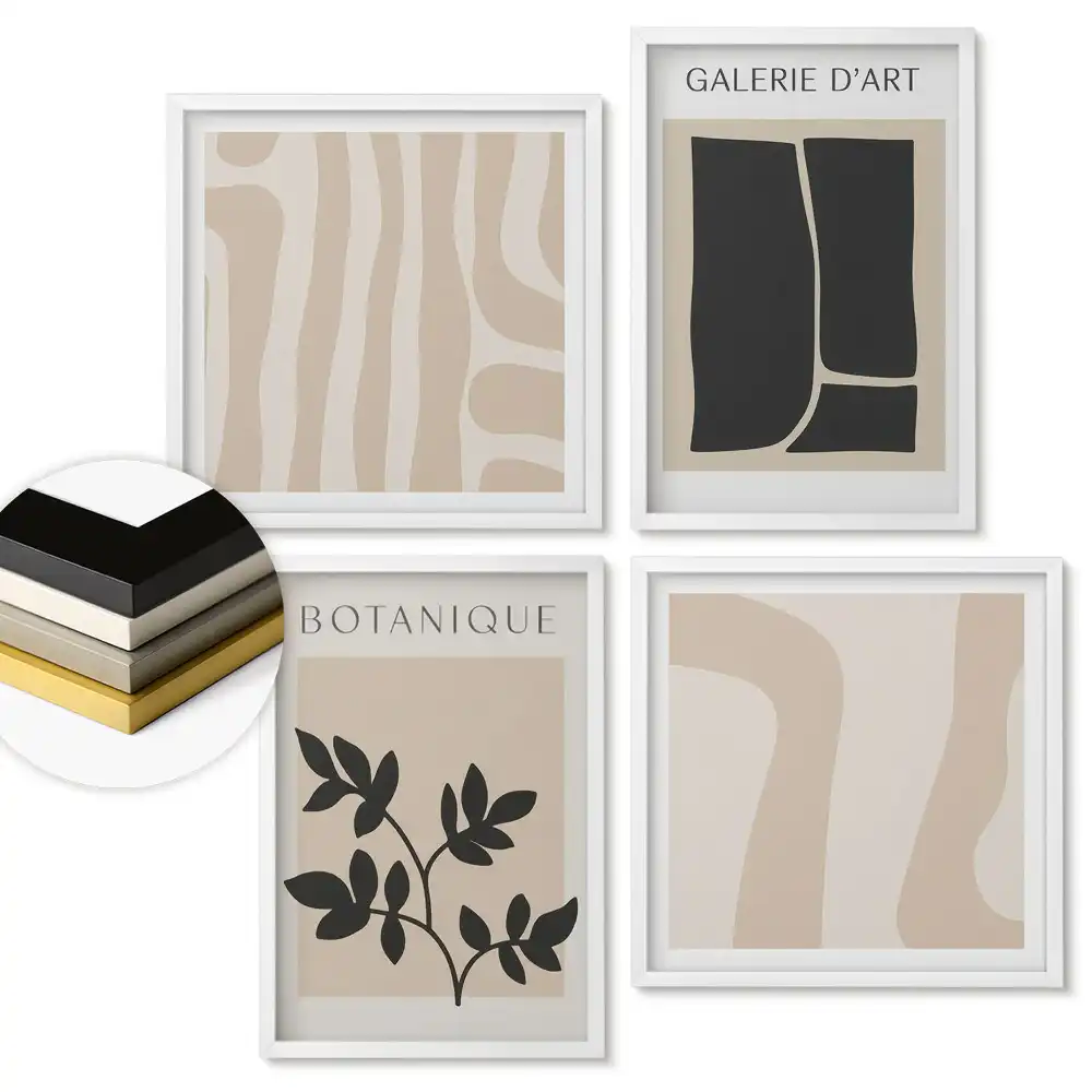 Set de 4 tablouri înrămate cu motive vegetale și geometrice abstracte