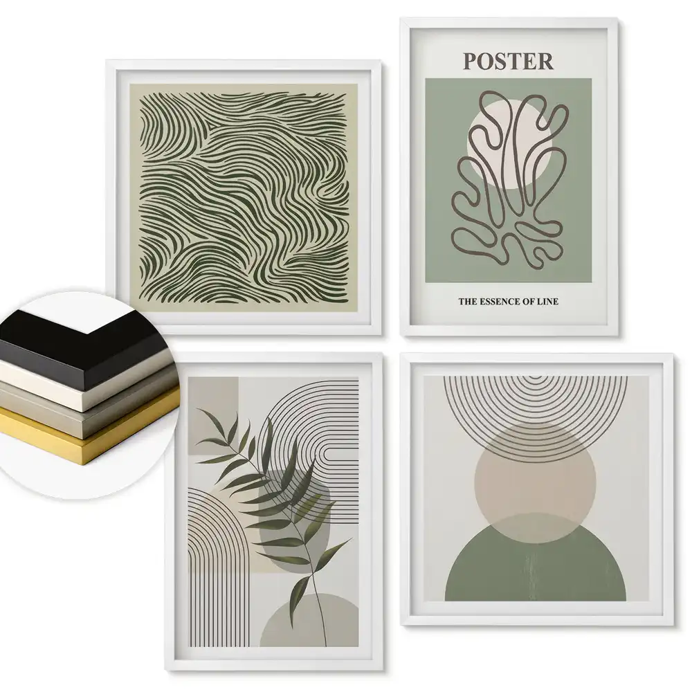 Set de 4 tablouri înrămate cu forme abstracte și motive naturale