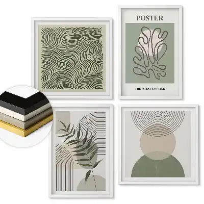Set de 4 tablouri înrămate cu forme abstracte și motive naturale