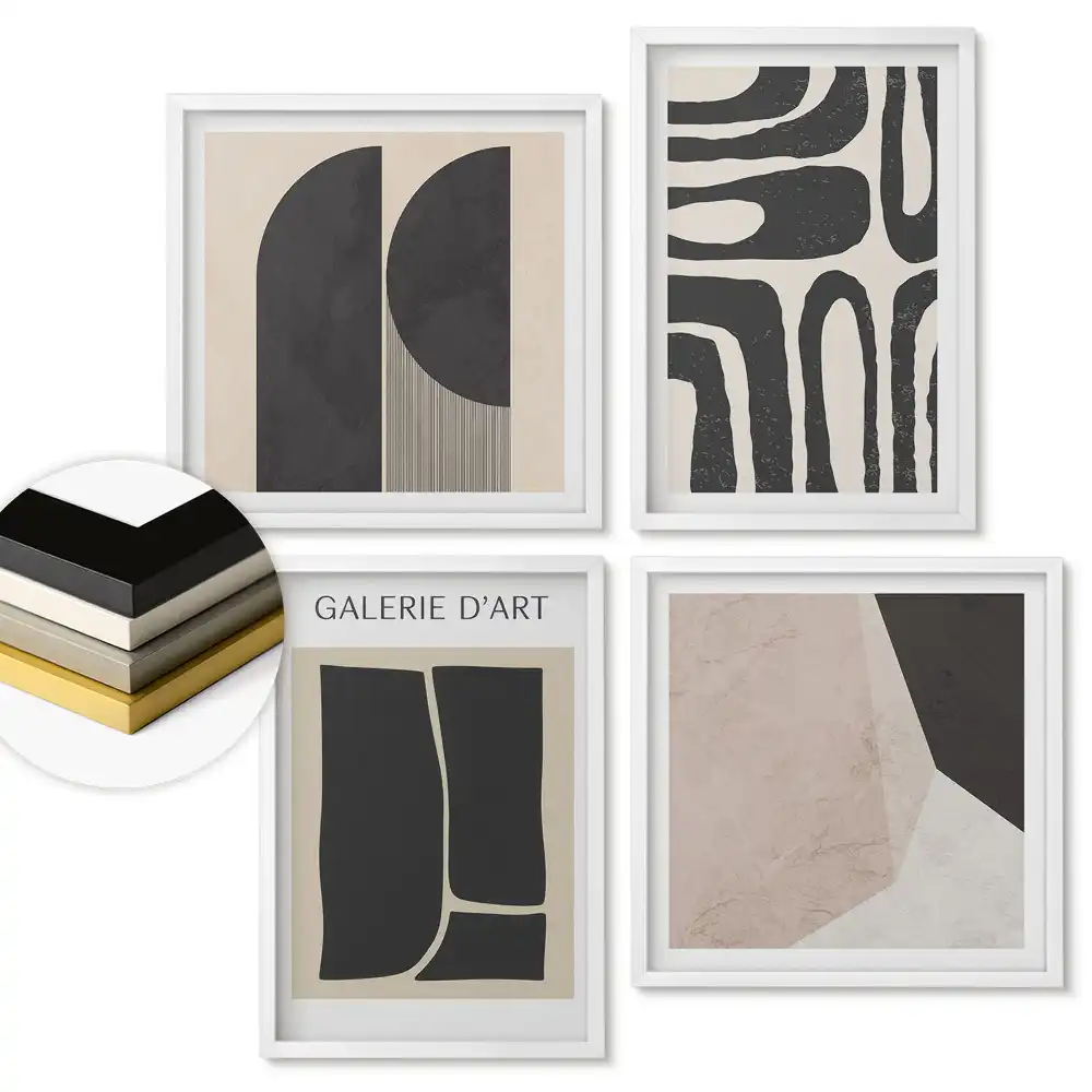 Set de 4 tablouri înrămate cu abstracțiuni moderne în tonuri pământii