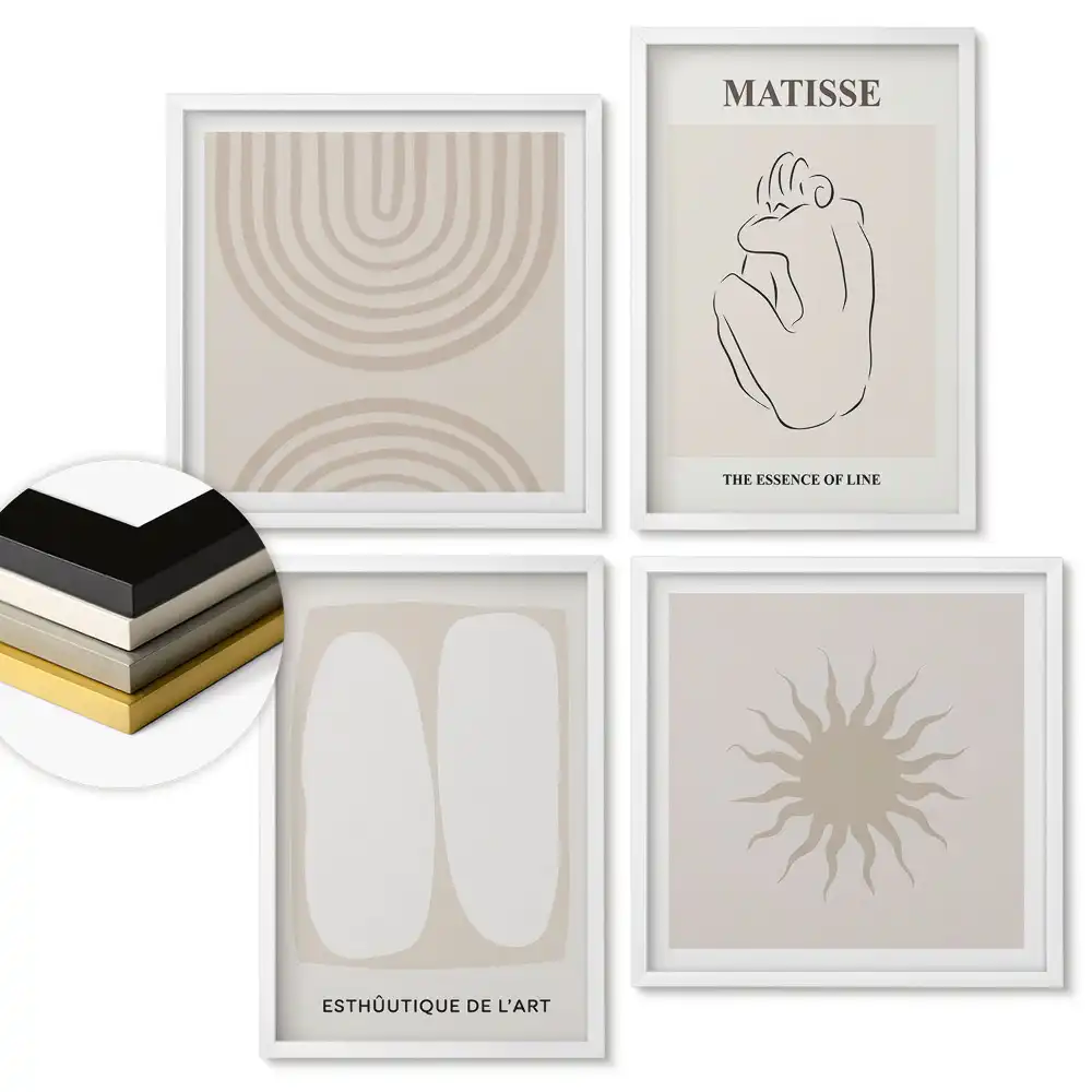 Set de 4 tablouri înrămate cu forme și linii artistice abstracte