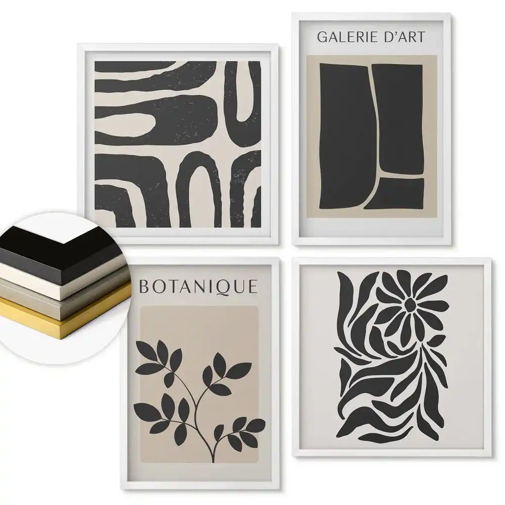 Set de 4 tablouri înrămate cu grafică modernă în stil minimalist