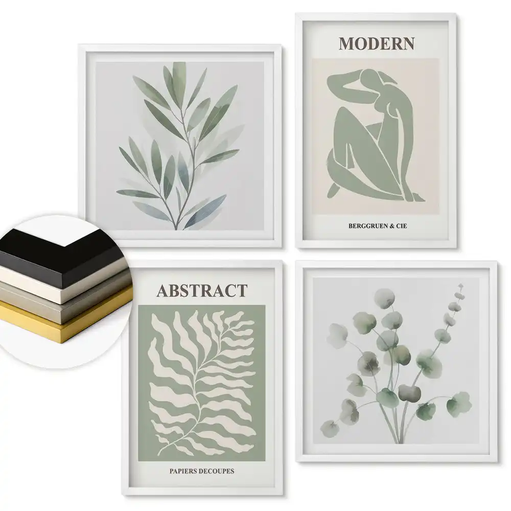 Set de 4 tablouri înrămate cu grafică modernă cu plante