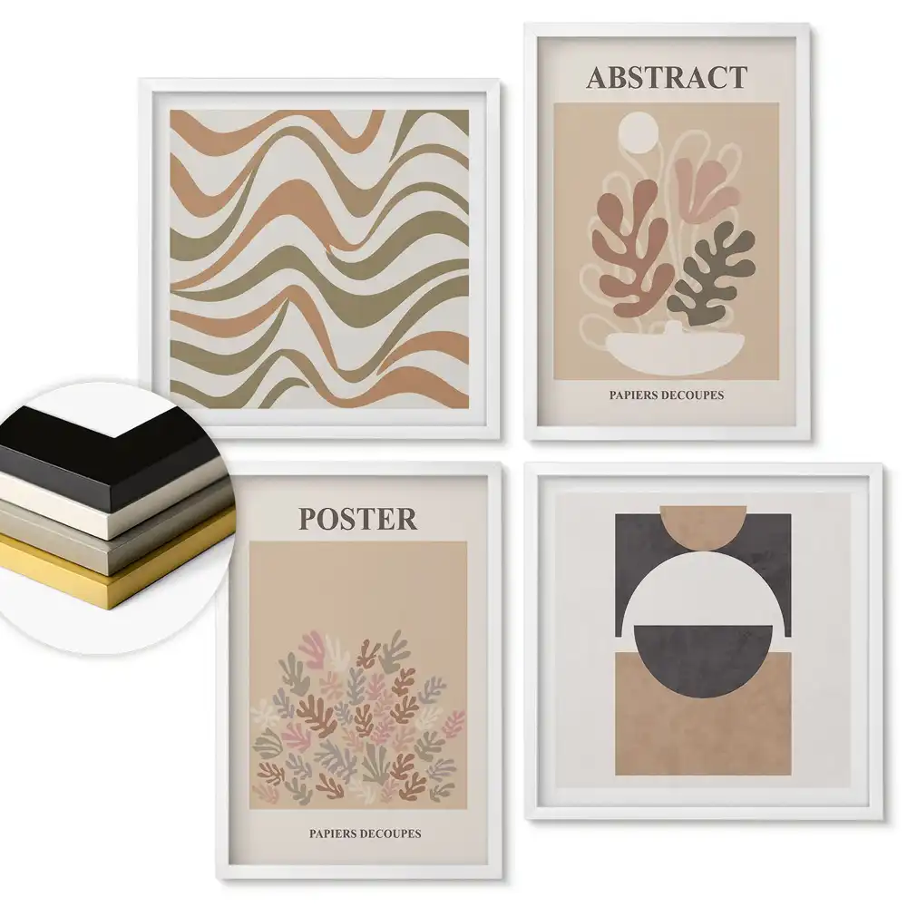 Set 4 tablouri înrămate cu grafică modernă în culori discrete