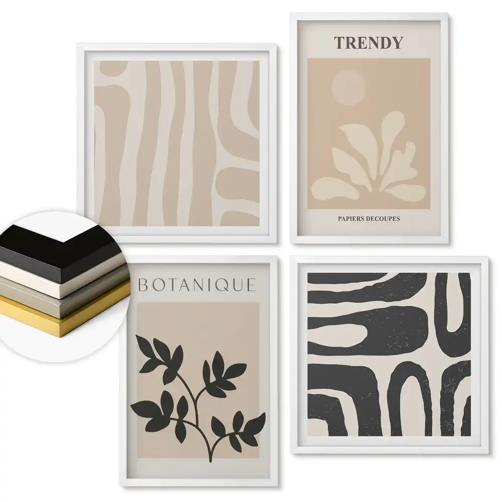 Set de 4 tablouri înrămate cu grafică elegantă în culori neutre
