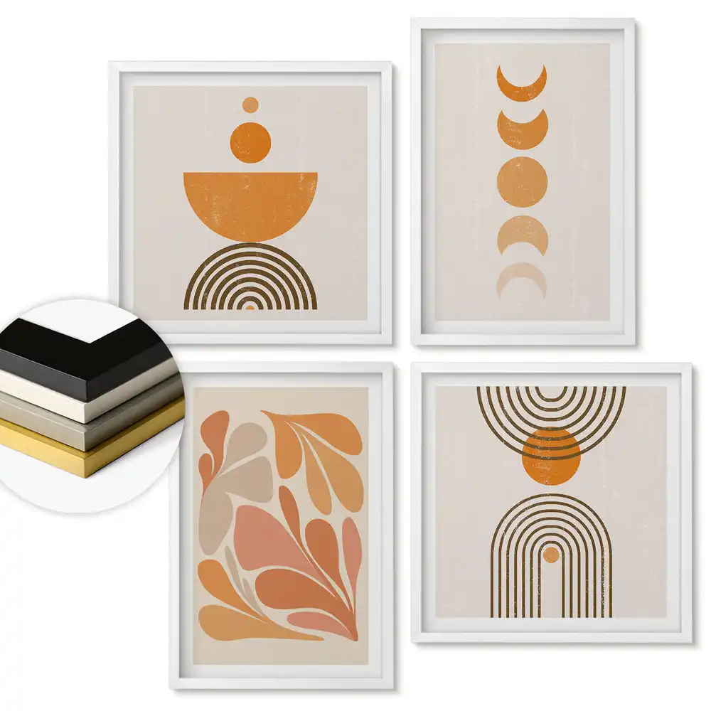 Set de 4 tablouri înrămate cu forme abstracte în culori calde